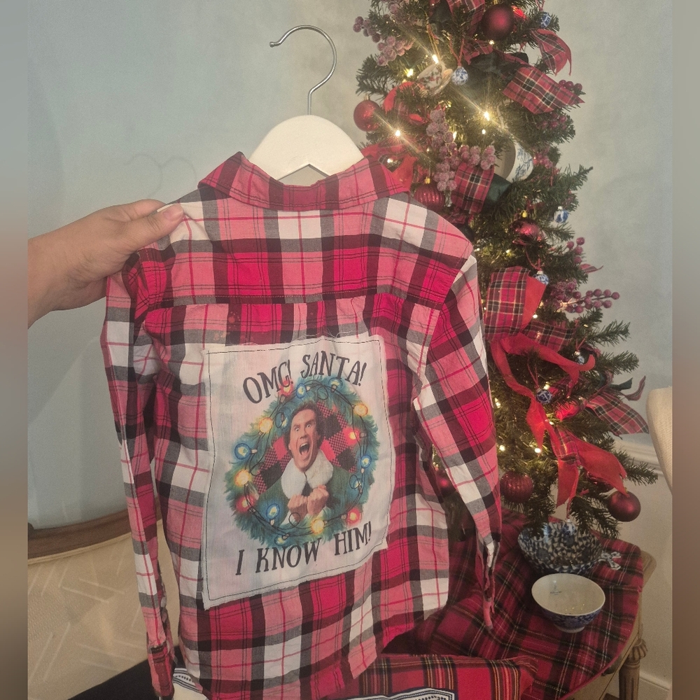 Upcycled Gymboree KIDS Flannel- OMG Santa Back Patch